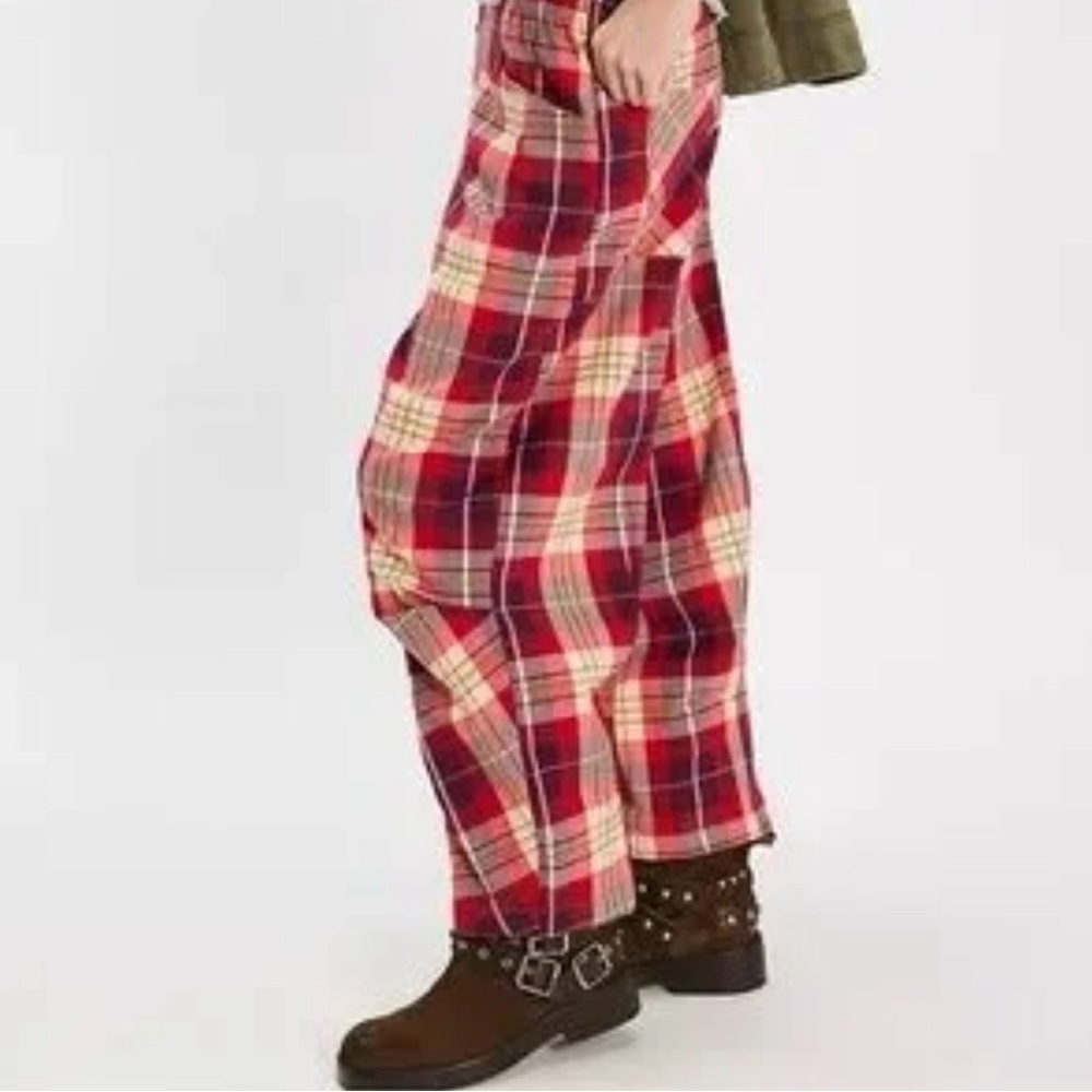 Free People Nice Choice Pull On Barrel Pants in Wine Combo Lantern Plaid